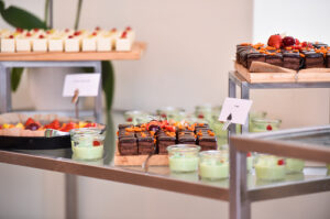 catering service with delicious deserts and fruit tarts